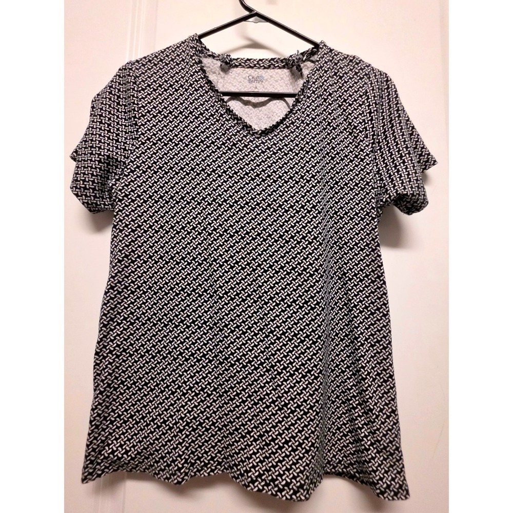 Croft & Barrow The Classic Tee Black White Basketweave V-Neck Cotton Top Large